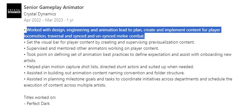 Perfect Dark Senior Gameplay Animator - LinkedIn Profile
