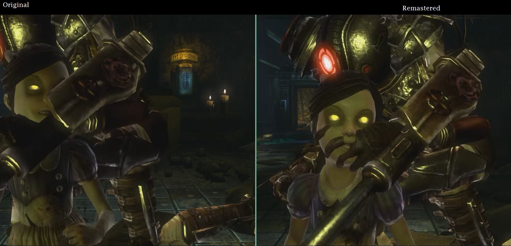 Remastered original. Биошок инфинайт Ремастеред. Bioshock 1 Remastered. Bioshock 2 Remastered vs Original. Биошок 1 ремастер и оригинал.