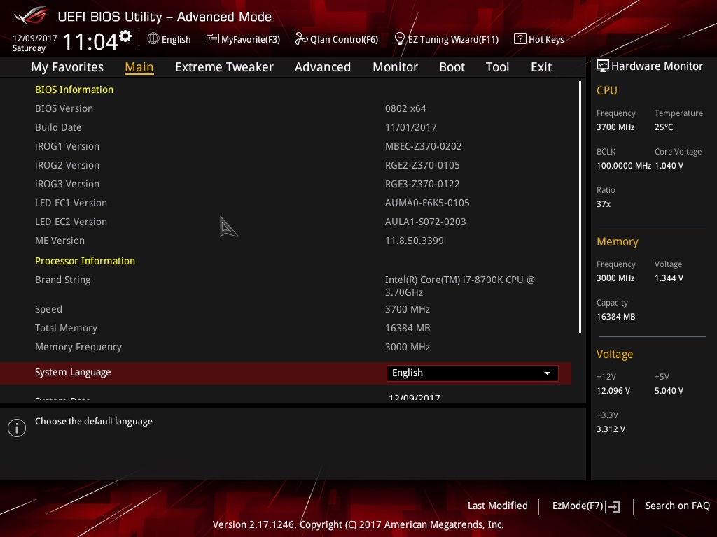 Asus ROG Maximus X Hero BIOS Main Page