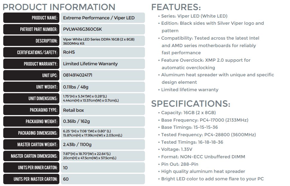 Viper LED 16GB DDR4 Specifications