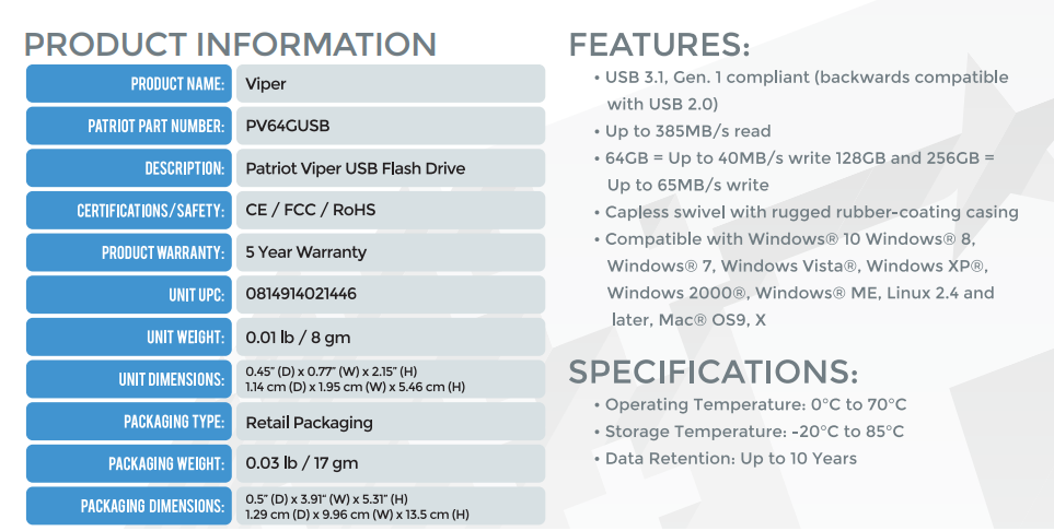 Viper USB 3.1 Flash Drive Specifications