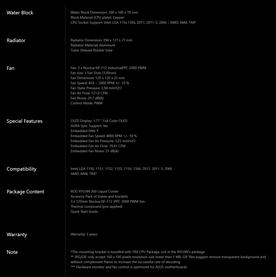 Asus Rog 360mm Specifications