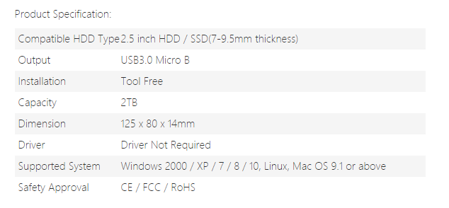 2.5” SATA  USB 3.0 Hard Drive Specifications