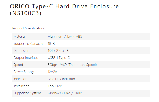 3.5” Hard Drive Enclosure Specifications