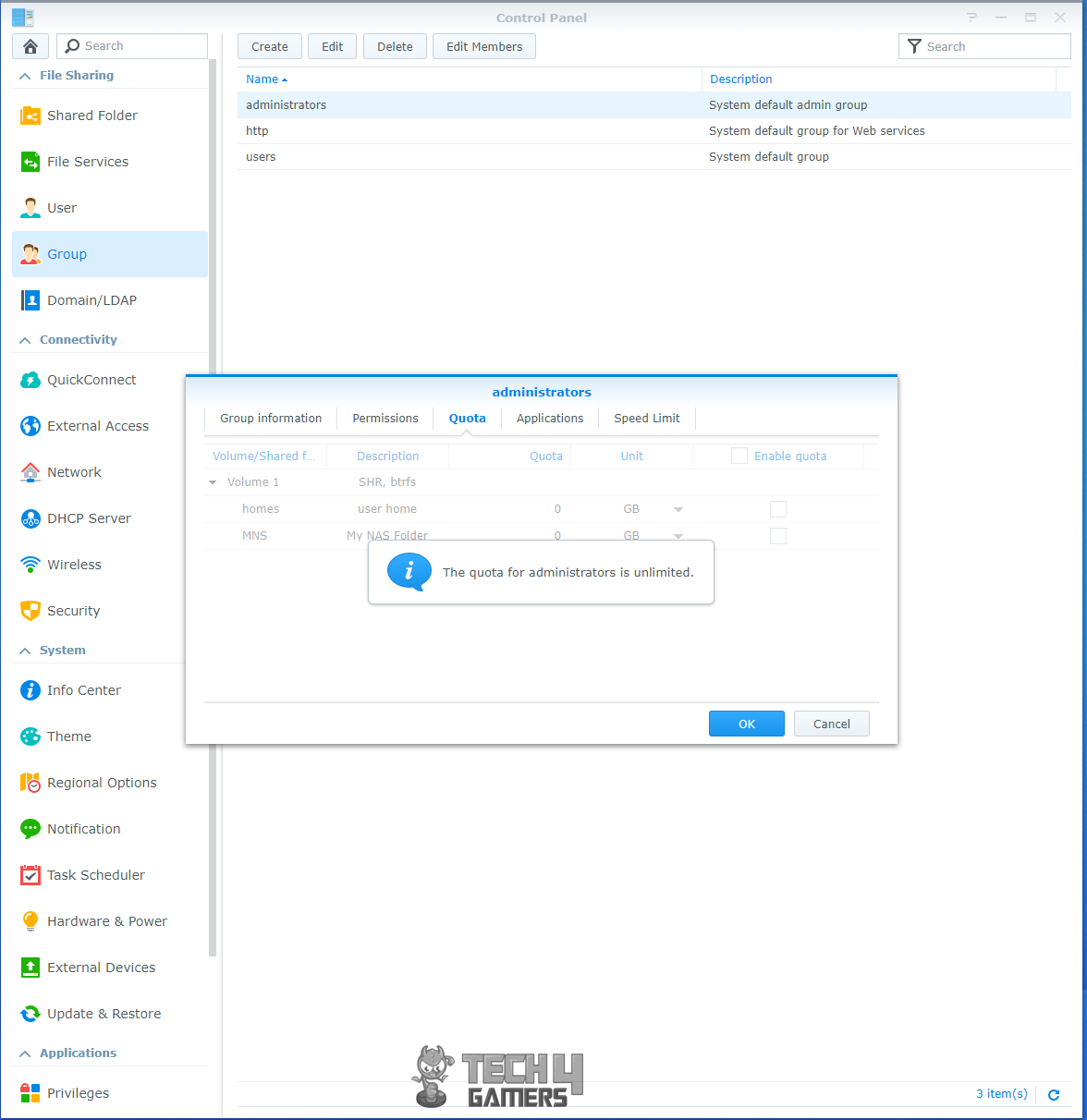 Synology ds218+ setup Administrator Quota Section
