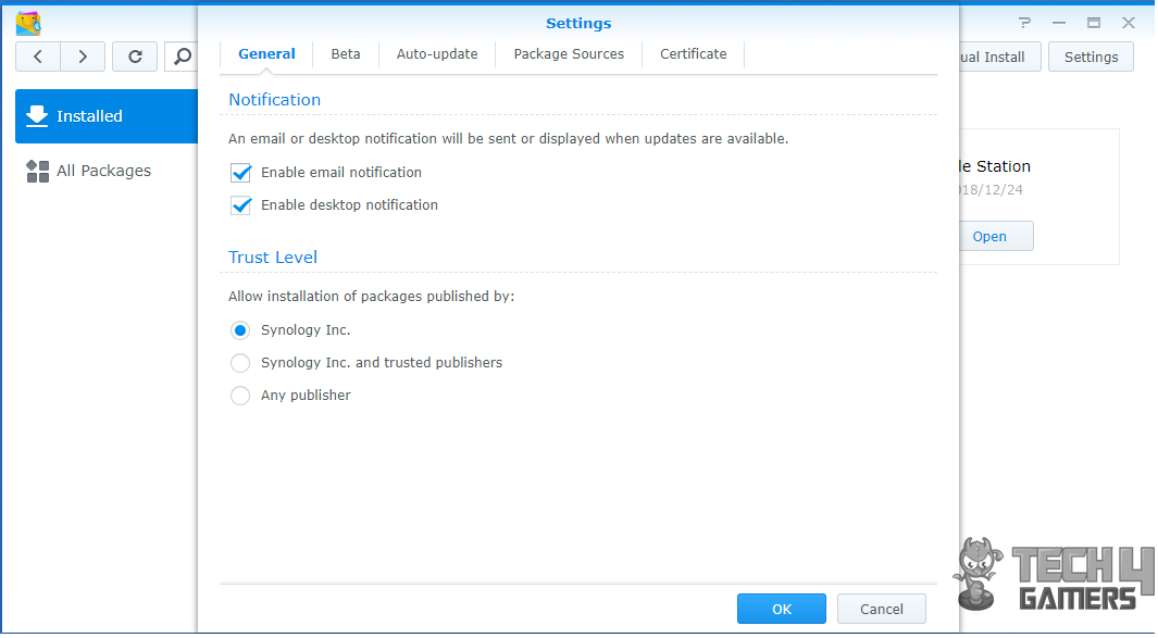 Synology Setting user can enable notifications via desktop and email