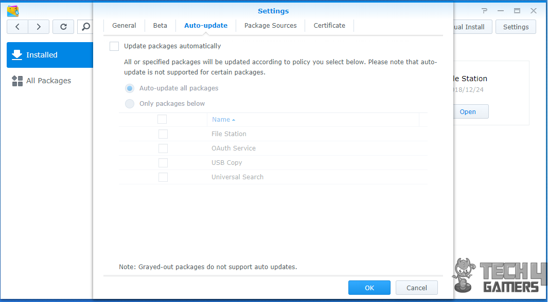 Synology 218+ Setting Update Packages Automatically 