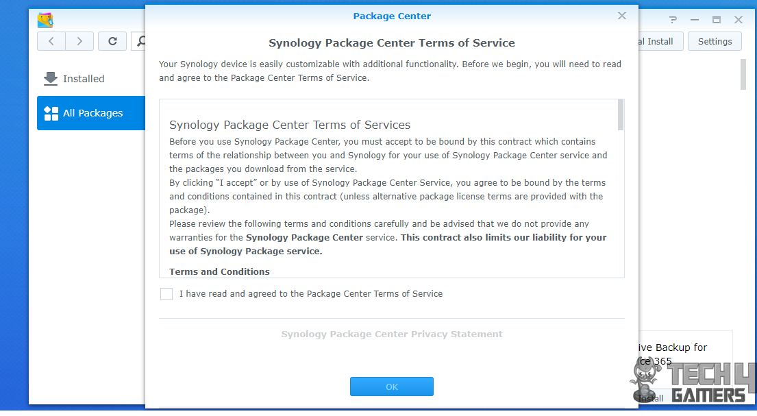 Synology Packages center Term of Service 