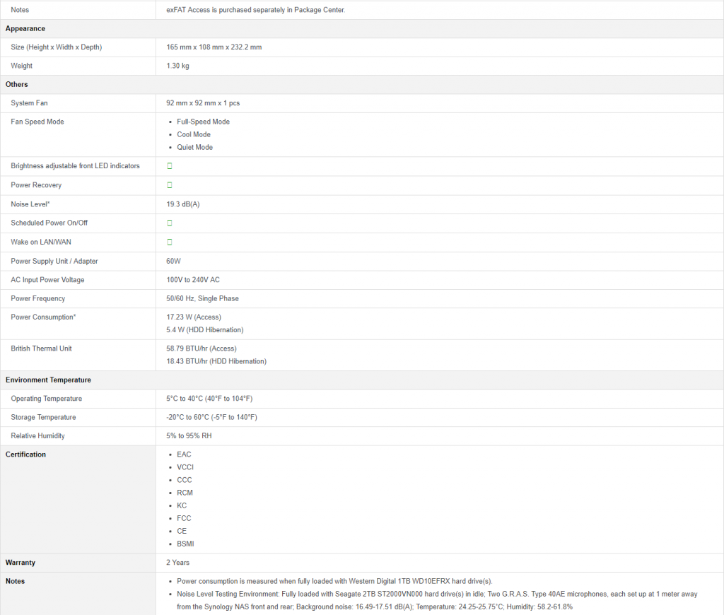 2 Bay NAS DS218+ Specifications