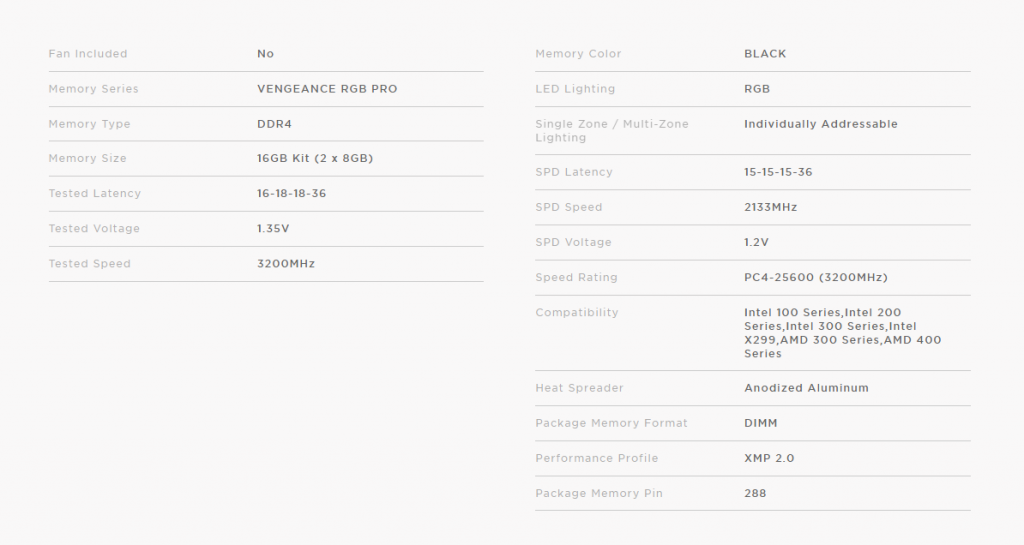 Corsair Vengeance RGB Pro Specs