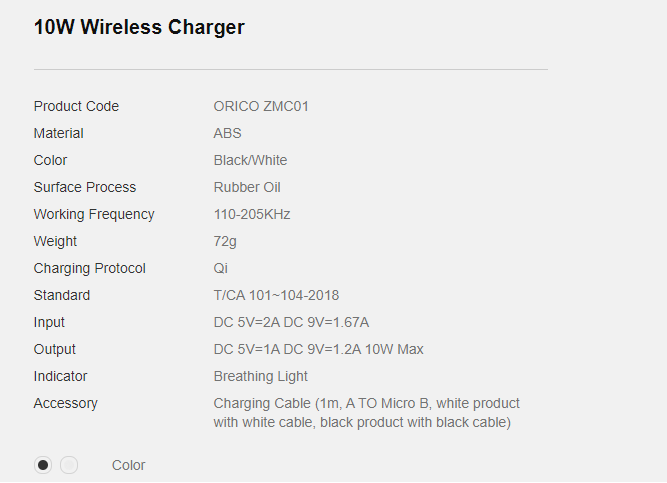 ZMC01 Wireless Fast Charger Specifications