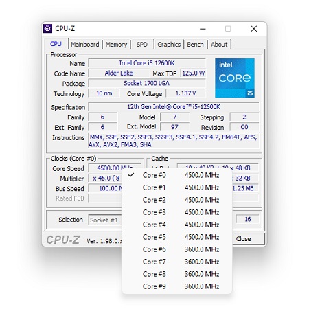 Intel core i5 12600k CPUz