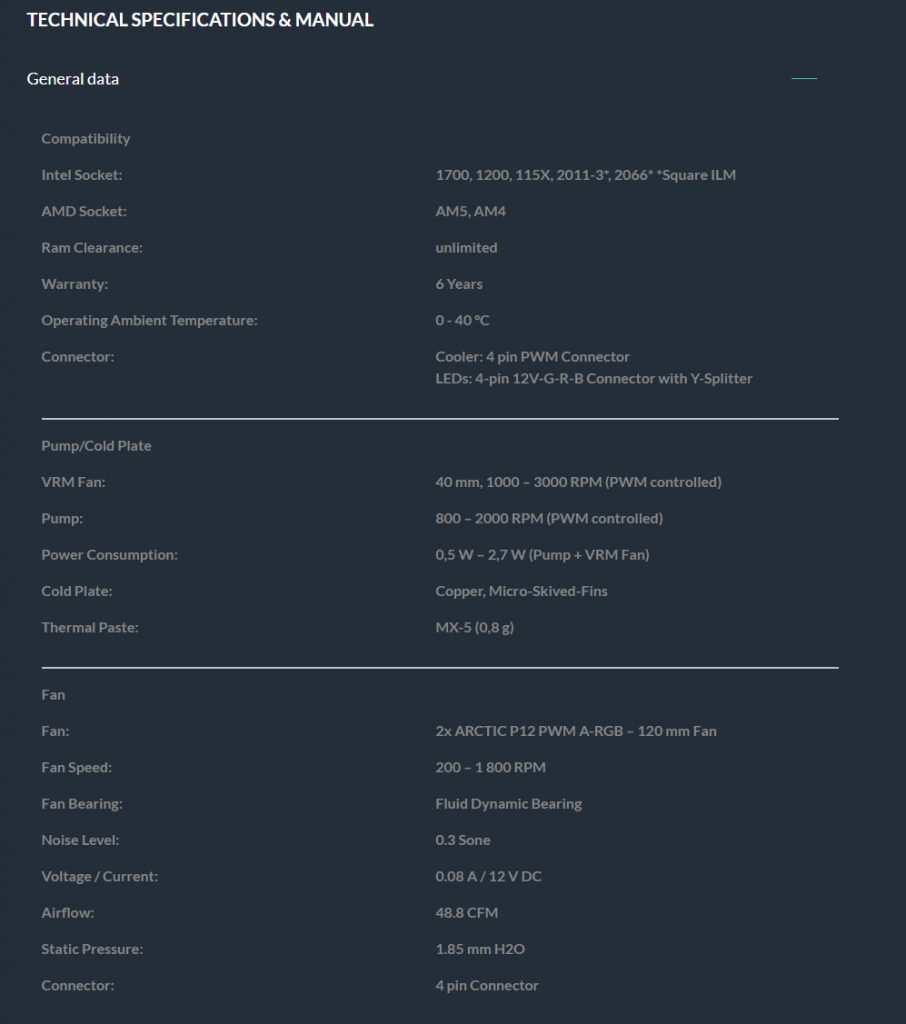 ARCTIC Liquid Freezer II 240 A-RGB Specifications