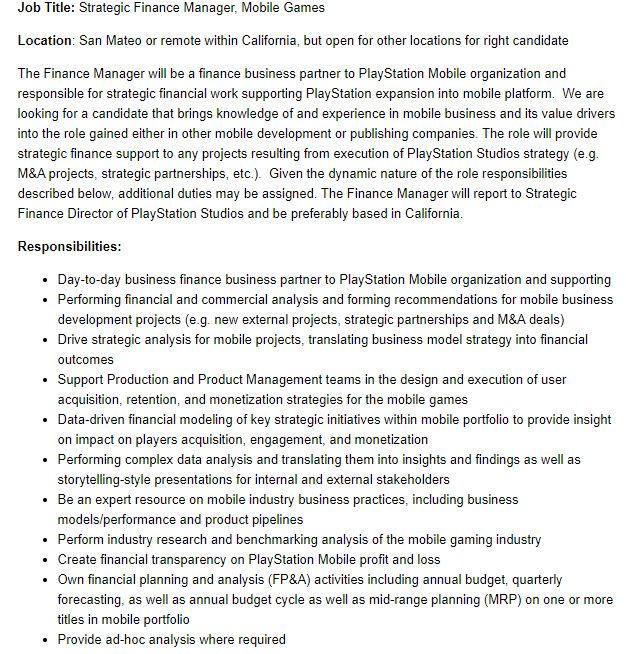 PlayStation Mobile Strategic Finance Manager