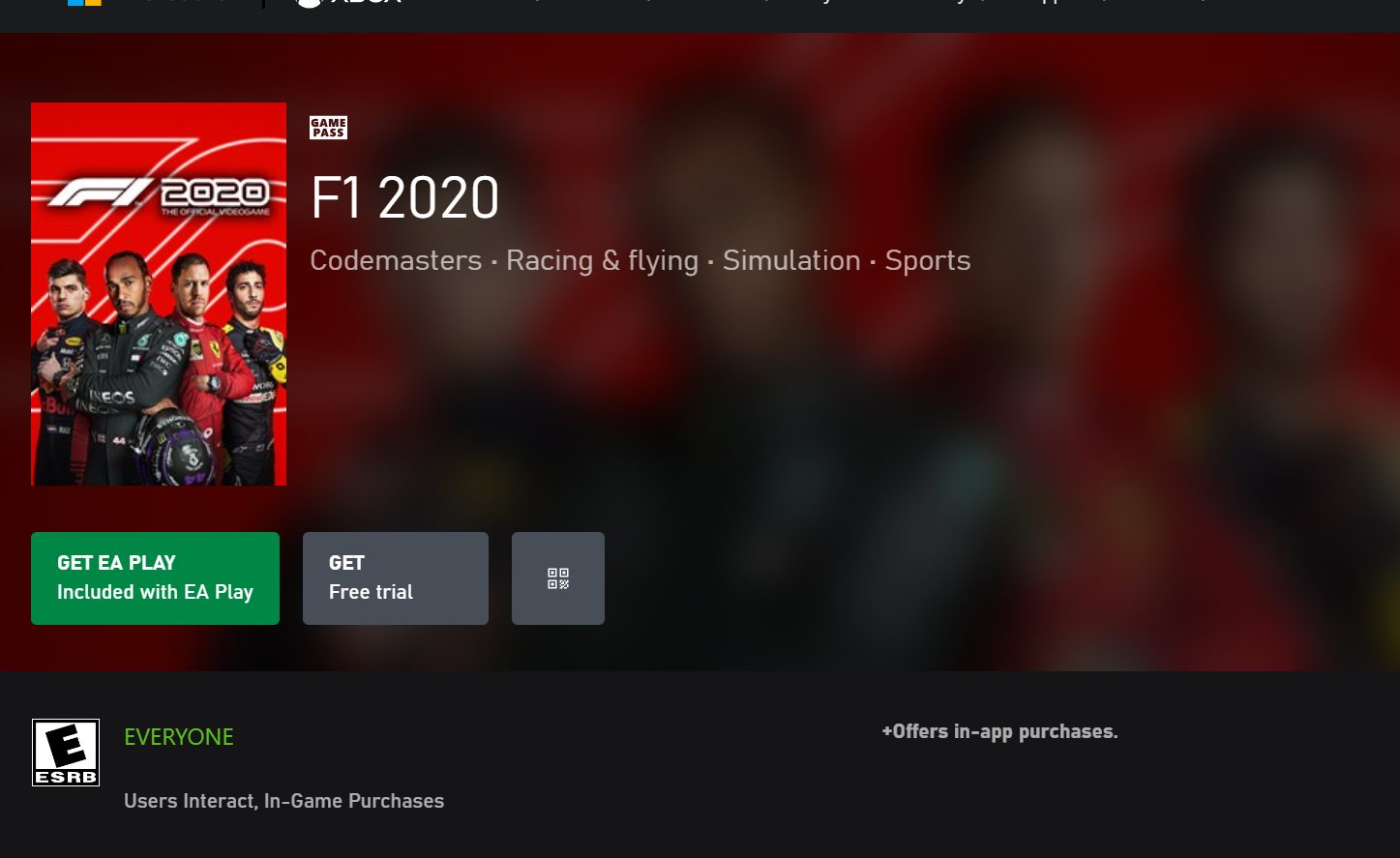 F1 2020 on Xbox Store(not available)