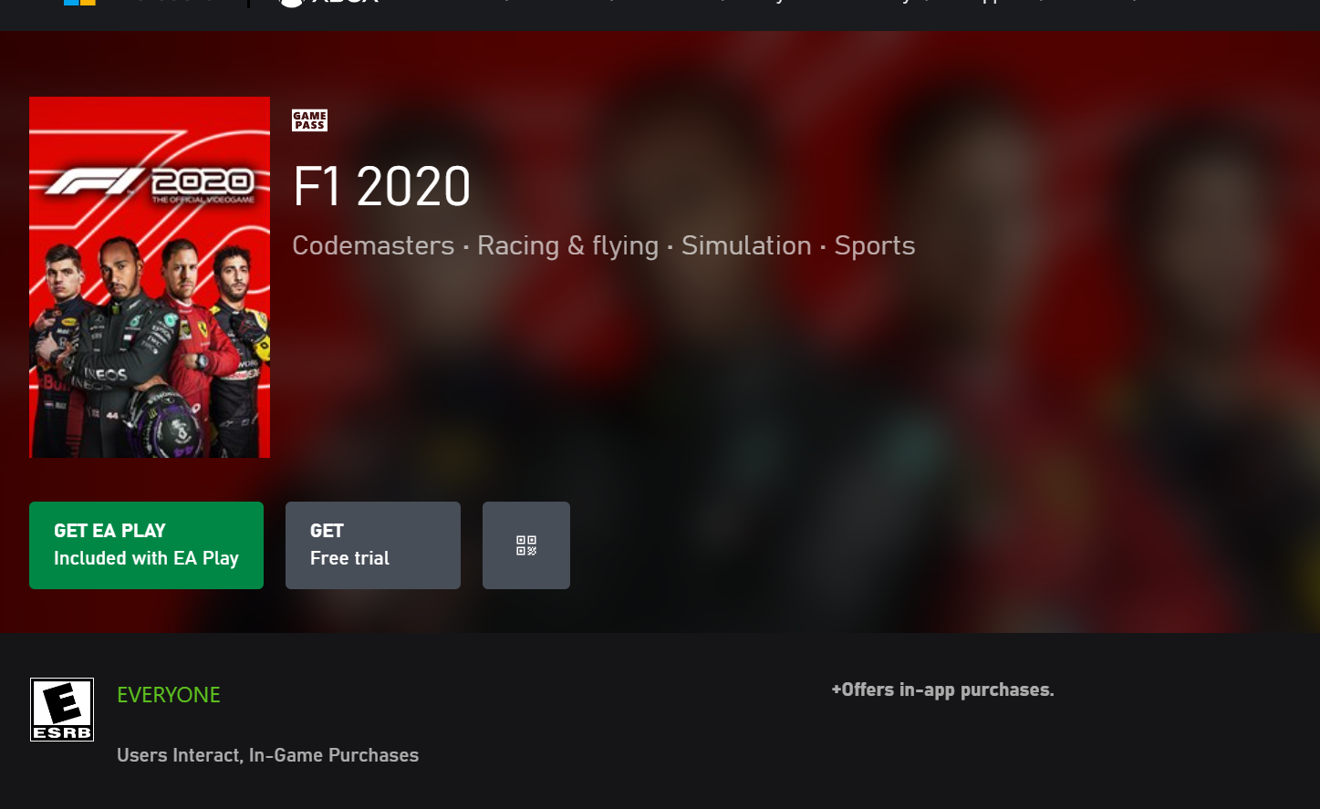 F1 2020 on Xbox Store(not available)