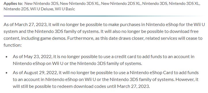 Wii U and Nintendo 3DS eShop purchases to end in March