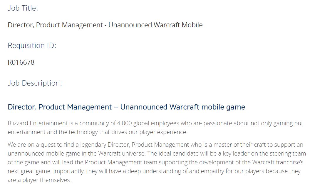 Blizzard Entertainment Unannounced Warcraft Mobile Game Job Listing