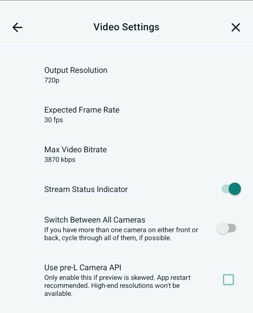 Set video resolution and bitrate for streaming.