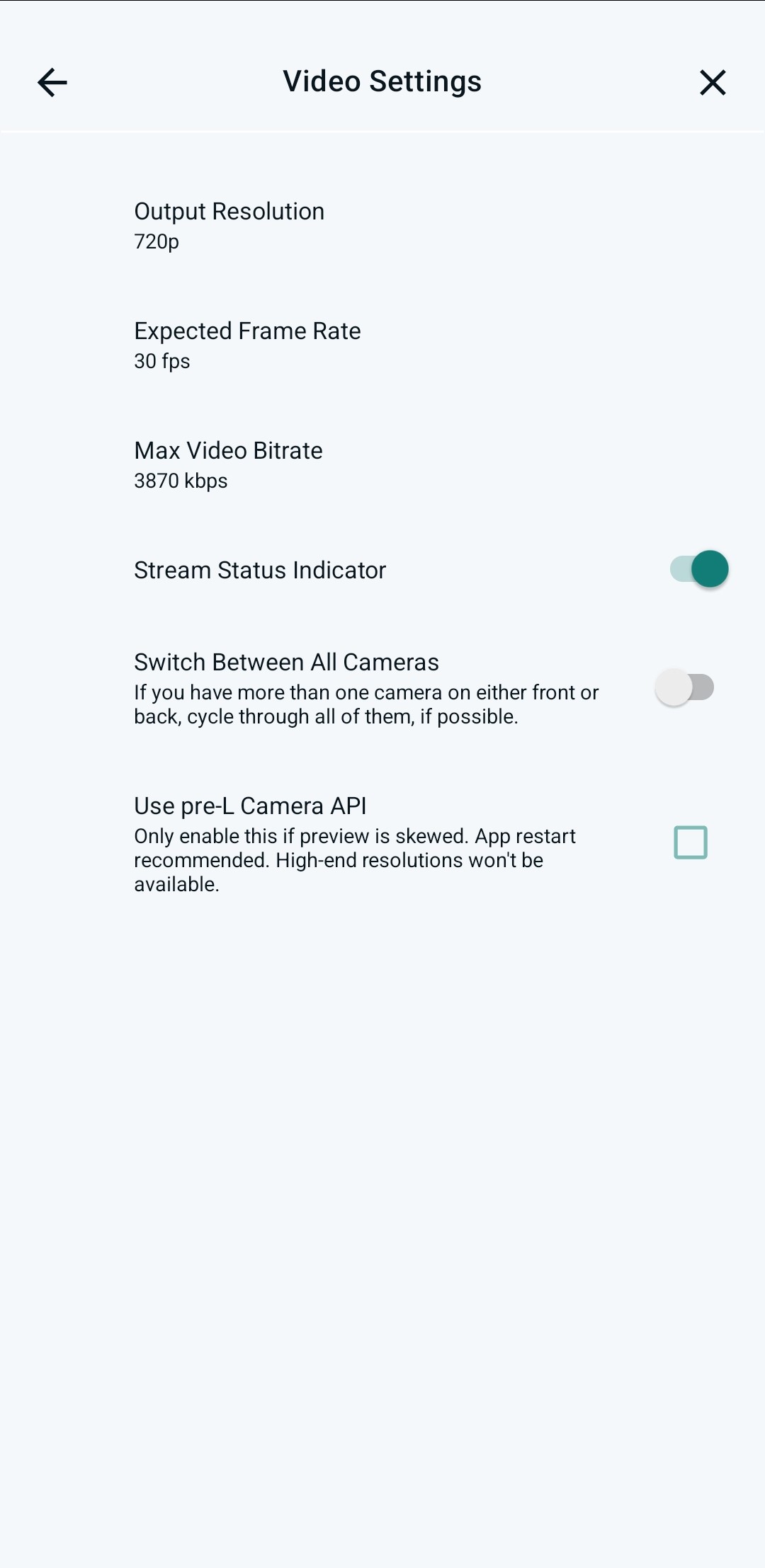 setting the video resolution and bitrate for streaming