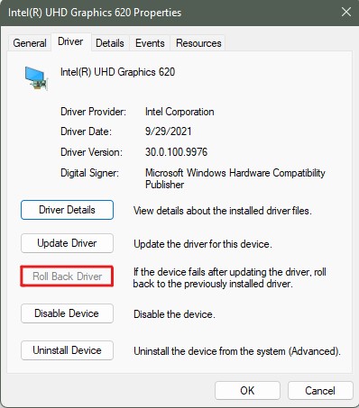 dialog box showing roll back driver option