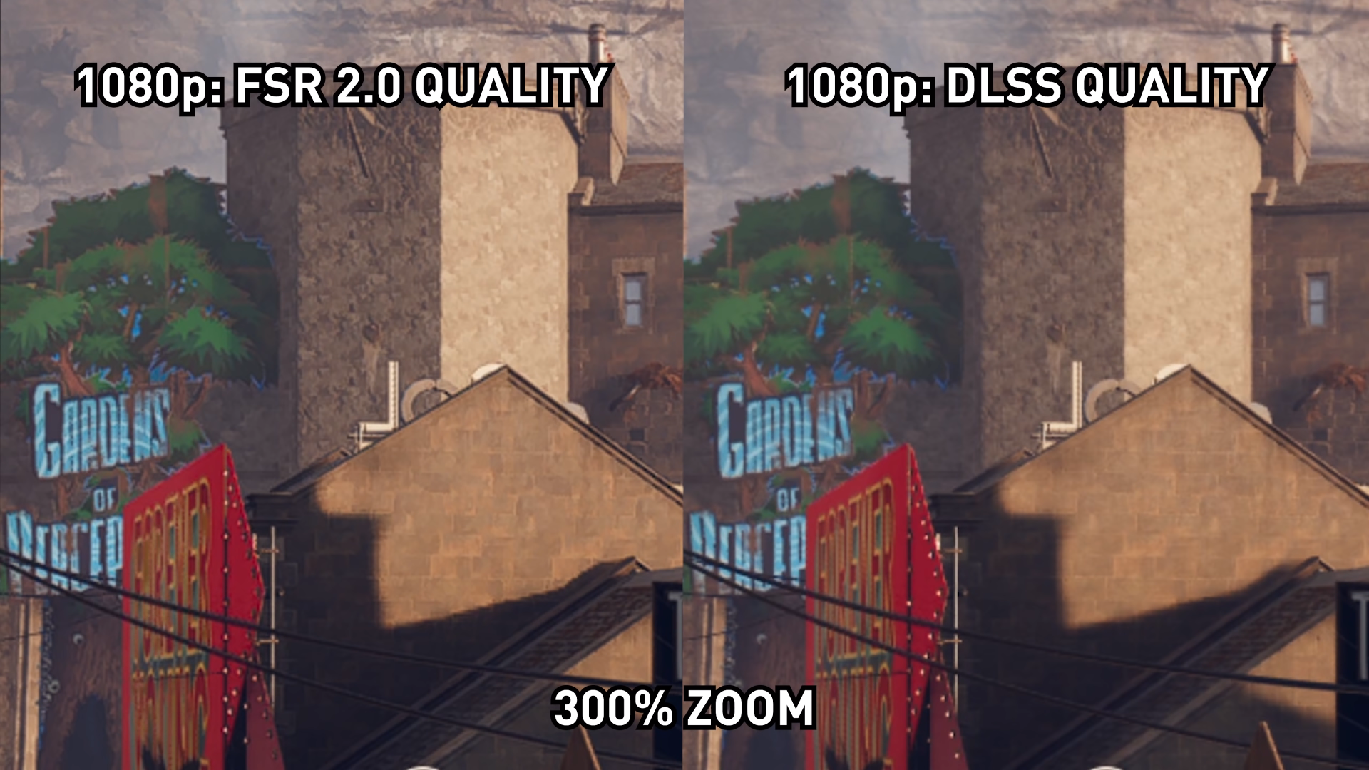 AMD FSR compared to Nvidia's DLSS in 1080P Upscaling, zoomed in 