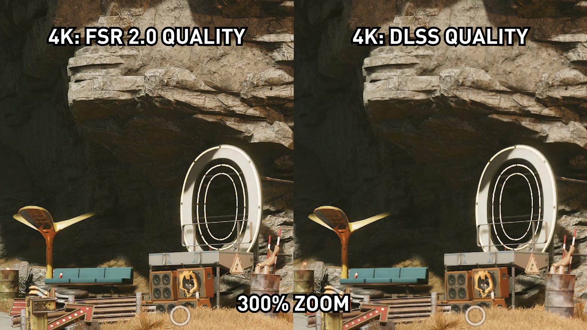 Nvidia DLSS compared to AMD FSR in 4K Upscaling, zoomed in