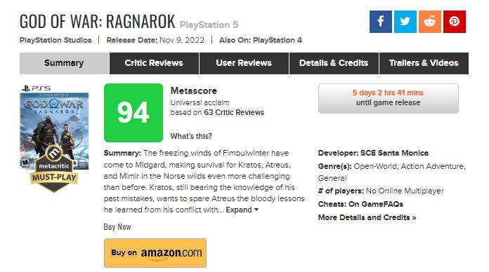 God of War Ragnarok Metacritic