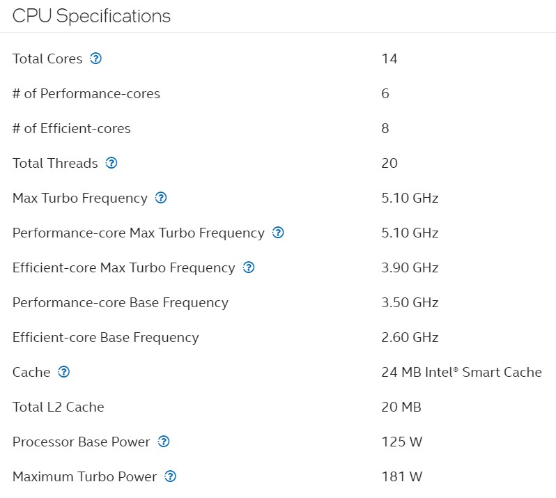 Intel Core i5 13600k Specifications