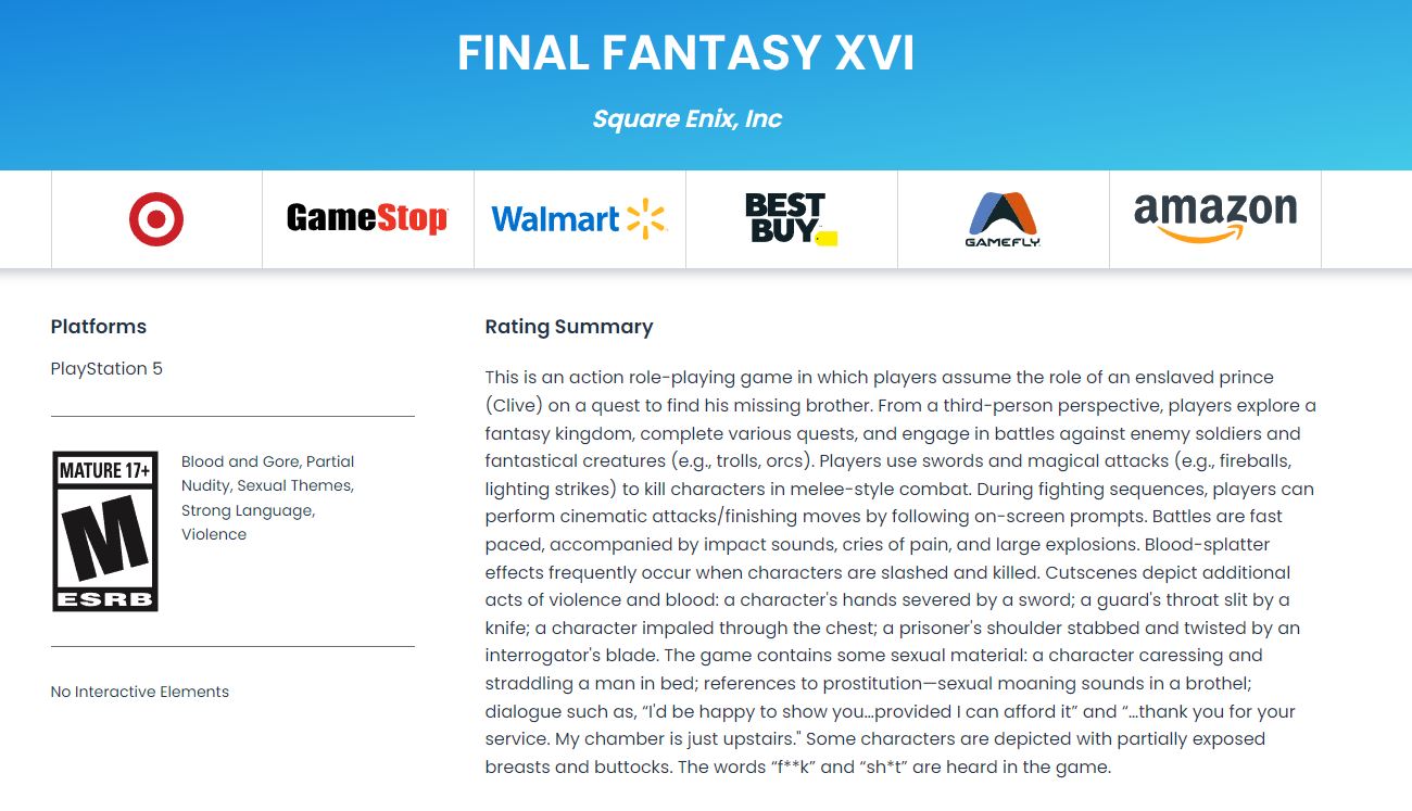Final Fantasy XVI ESRB Rating