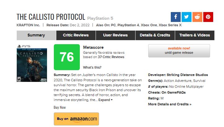 Metacritic - THE CALLISTO PROTOCOL reviews are coming in