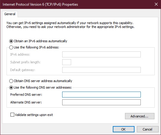 Windows IPv6 Settings