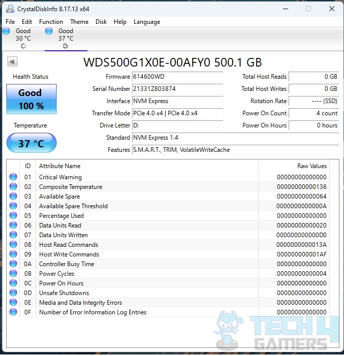 WD Black SN850 500GB NVMe — Crystal Disk Info