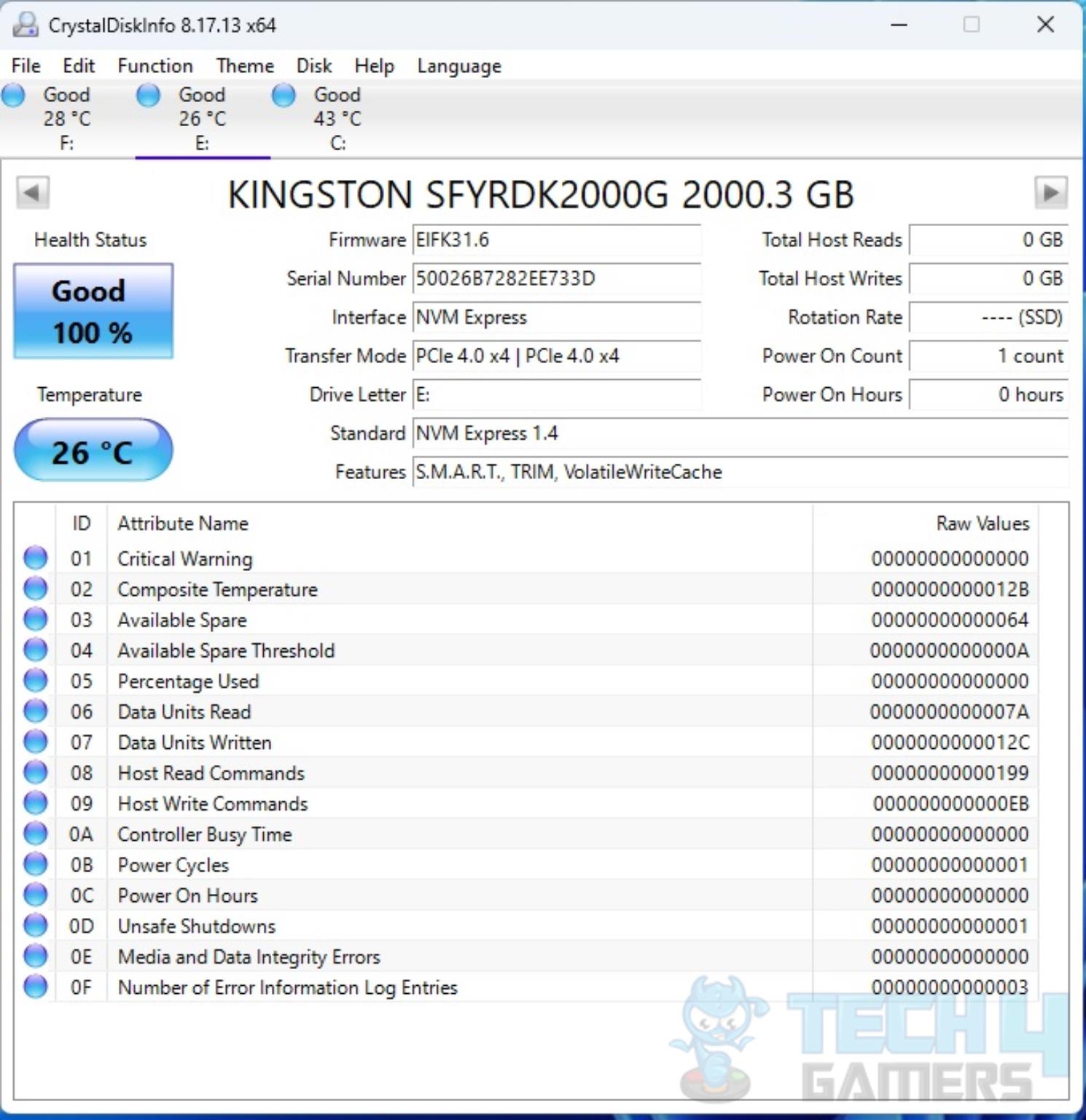 Kingston Fury Renegade 2TB NVMe SSD — Crystal Disk Info Readout