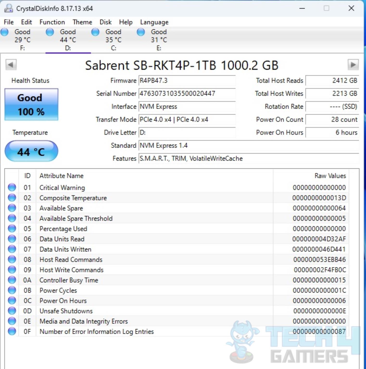 Sabrent Rocket 4 Plus 1TB NVMe — Crystal Disk Info
