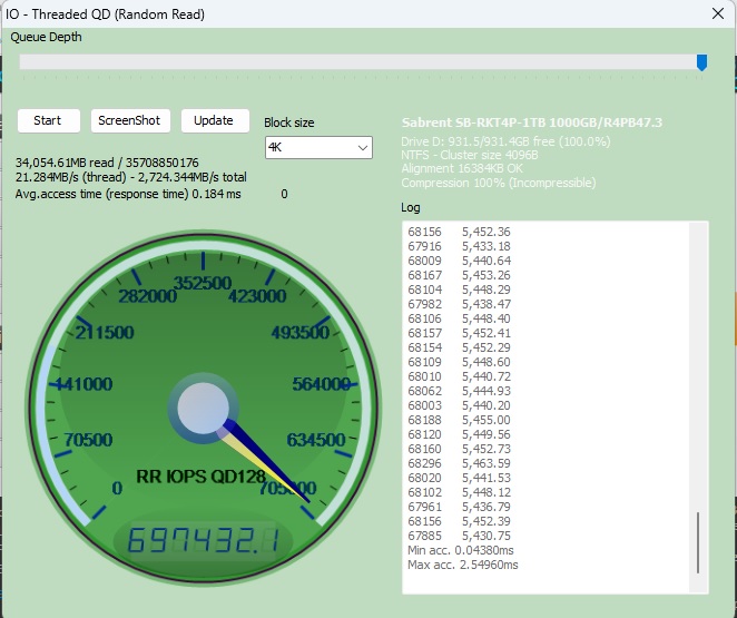 Sabrent Rocket 4 Plus 1TB NVMe — IO – Threaded QD Benchmark (Random Read, Queue Depth 128)