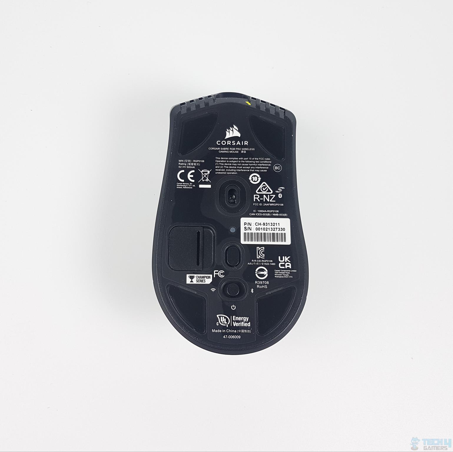 CORSAIR Sabre RGB Pro Wireless Gaming Mouse — The bottom of the mouse