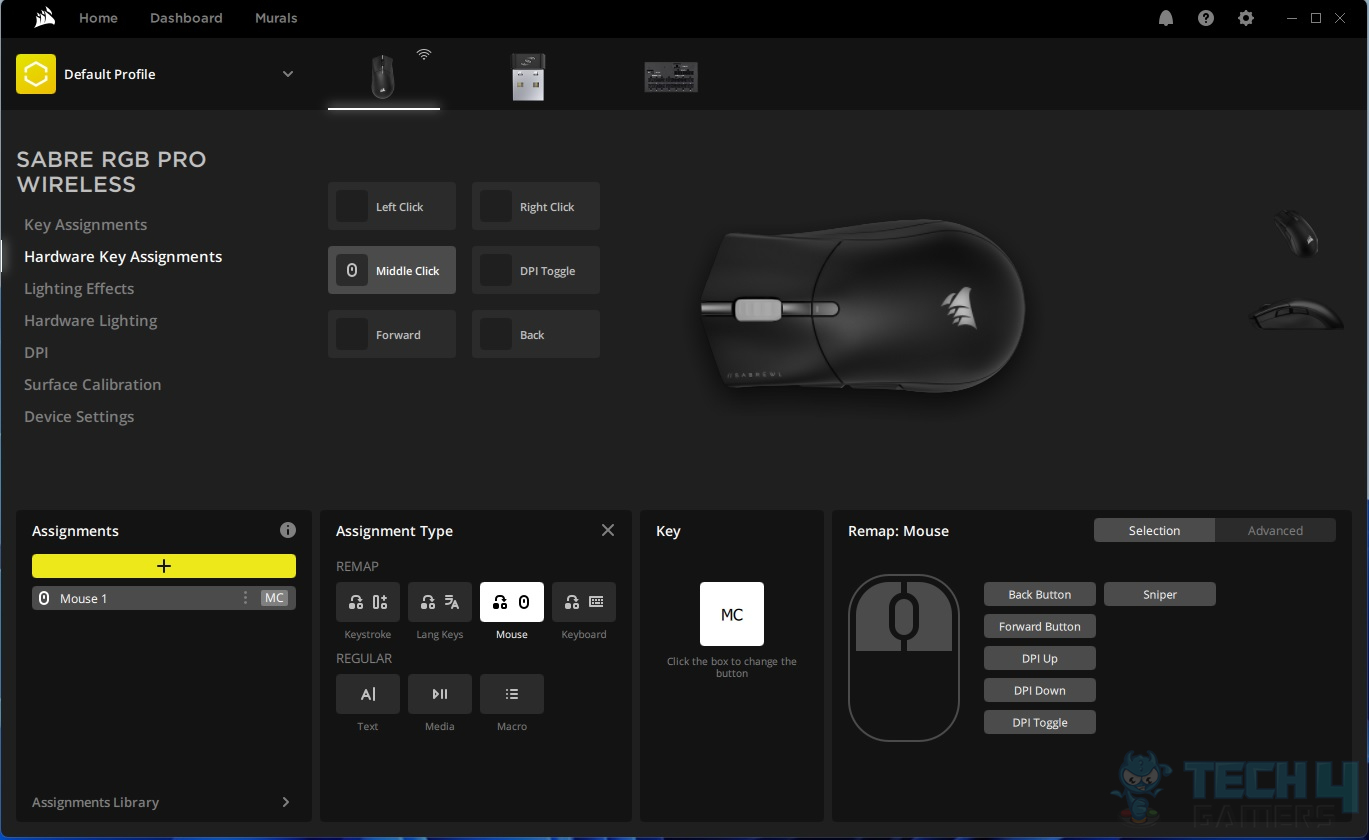 CORSAIR Sabre RGB Pro Wireless Gaming Mouse — iCUE Hardware Key Assignments
