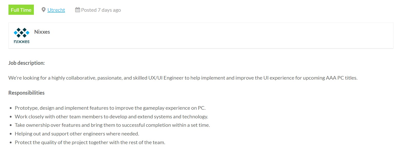 Nixxes Job Posting For UX/UI ENGINEER