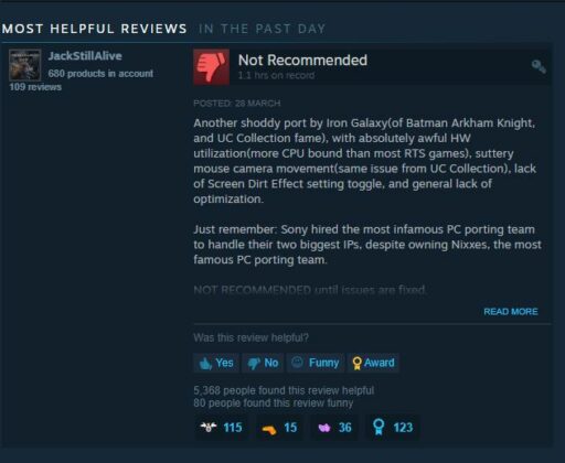 The Last of Us Part 1 Steam Negative Reviews