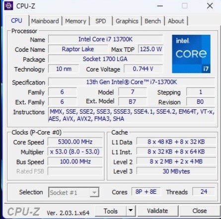 CPU-Z Screenshot of Core i7-13700K (Image By Tech4Gamers)