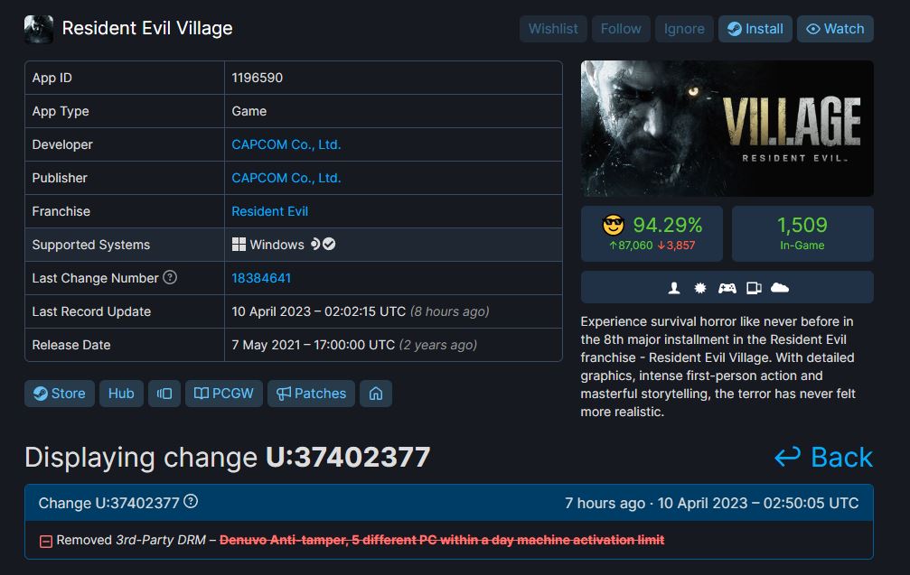 Resident Evil Village Steam DB