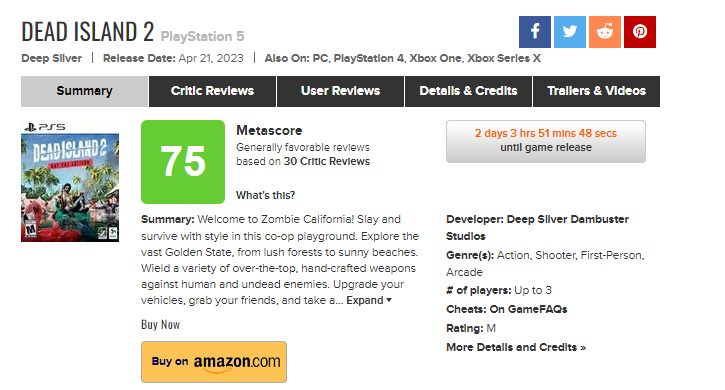 Появился пользовательский рейтинг Dead Island 2 на Metacritic