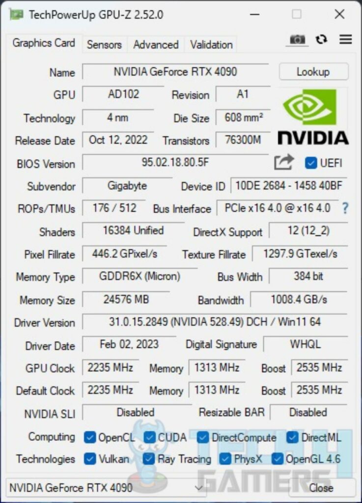 GIGABYTE GeForce RTX 4090 Gaming OC 24G — GPUZ