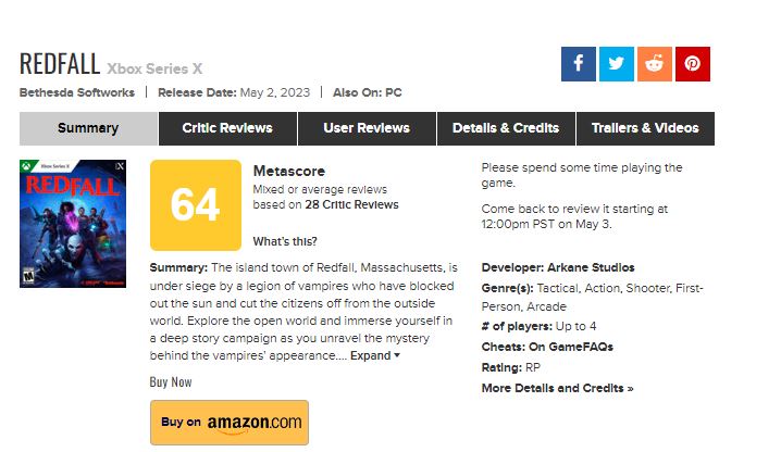 metacritic on X: Expect Redfall reviews to kick off next week:   #Redfall Any Metascore predictions for this  anticipated Xbox/PC release?  / X