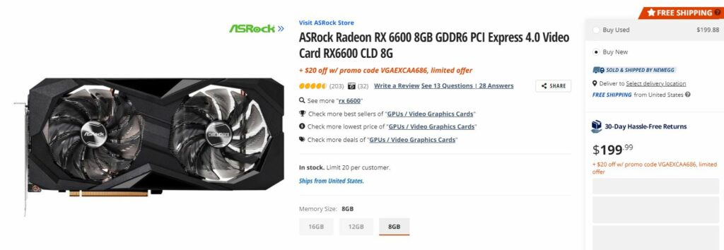 AMD Radeon RX 6600 $180