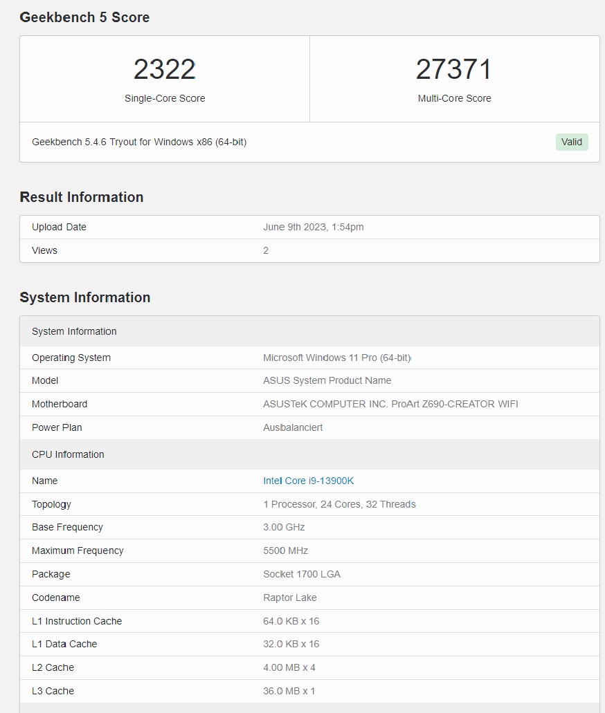 Core i9 13900K single core and multi core score