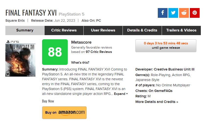 Final Fantasy 16 Metacritic Review Roundup