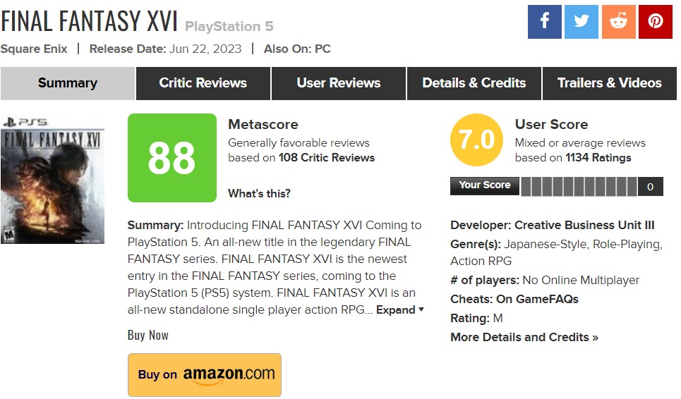 FINAL FANTASY XVI Metacritic & Review Scores