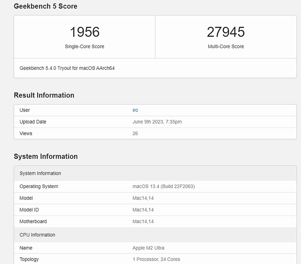 Mac M2 ultra Geekbench